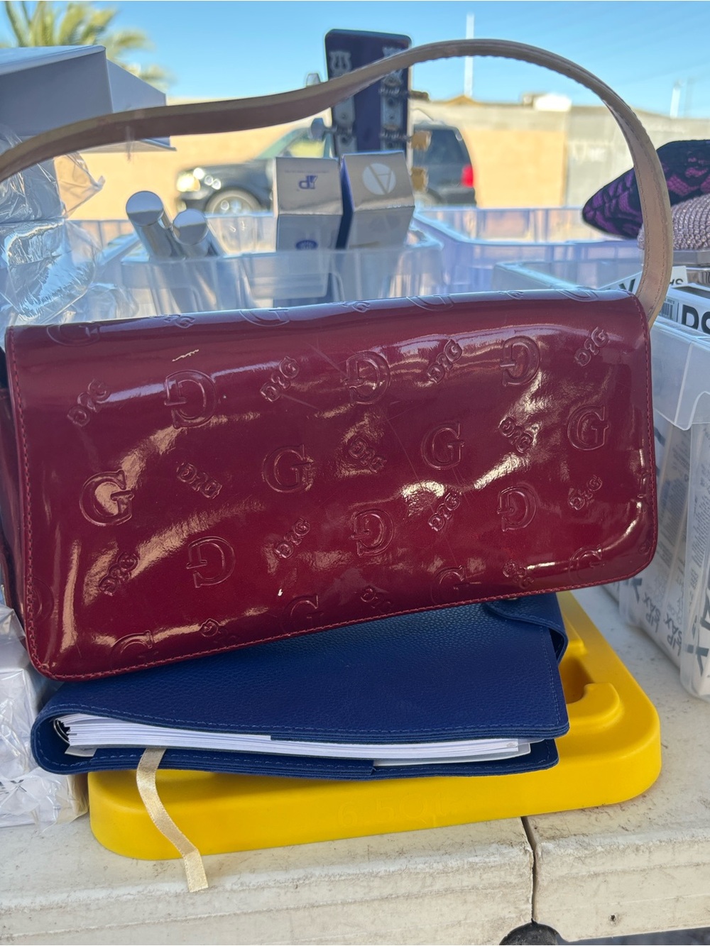 Guess Patent Leather Burgundy Clutch with Beige Strap